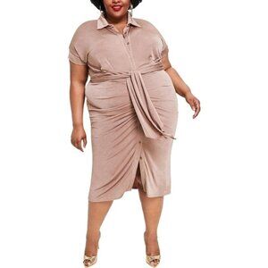 NWT Nina Parker Plus Size 2X Tan Tie-Front Ruched Shirtdress